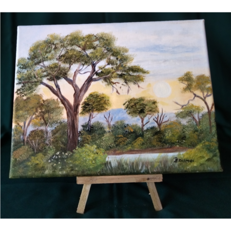 Bushveld-farm-trees-stream-mountain-sunrise-art-painting-400x300-Petro-Erasmus